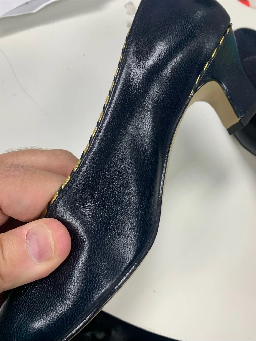 Black Pointed Leather Flats with Gold Braid Trim